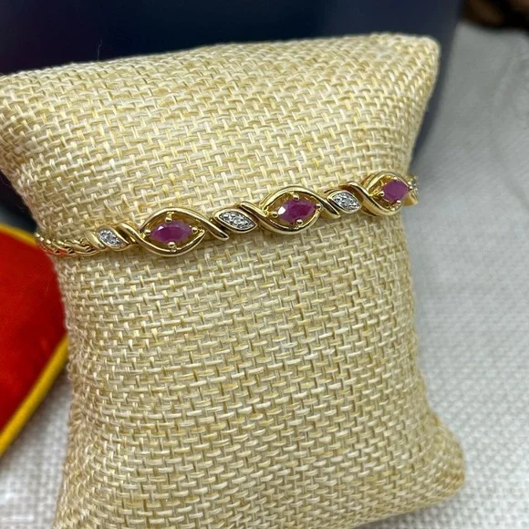 ✨ Vintage 925 Sterling Silver Gold Vermeil Ruby & CZ Tennis Bracelet - 7.25” - Picture 5 of 17